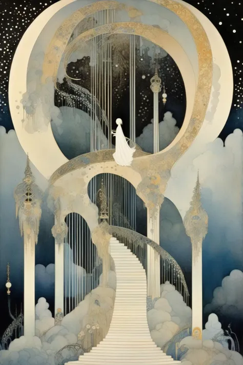 <lora:Kay Nielsen Style:1>Kay Nielsen Style - An illustration in the styles of Edmund Dulac and Kay Nielsen mixed. Stairway to heaven. Mysterious award-winning painting