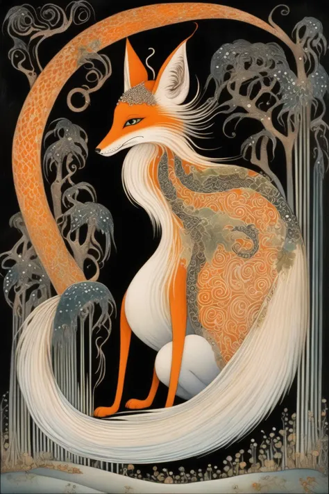 <lora:Kay Nielsen Style:1>Kay Nielsen Style - an oil painting in the style ofKay Nielsen of a beautiful fey goddess fox with three tails