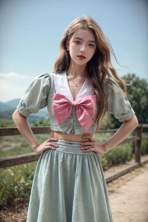 best quality,HDR,UHD,8K,Vivid Colors,solo,front view,photo_(medium),(looking at viewer:1.2),(1girl:1.3),
<lora:add_detail:0.8>,cowboy shot,outdoors,standing,hands on hips,<lora:Mis14:0.75>, MIS,bow,