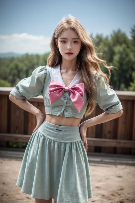 best quality,HDR,UHD,8K,Vivid Colors,solo,front view,photo_(medium),(looking at viewer:1.2),(1girl:1.3),
<lora:add_detail:0.8>,cowboy shot,outdoors,standing,hands on hips,<lora:Mis14:0.75>, MIS,bow,