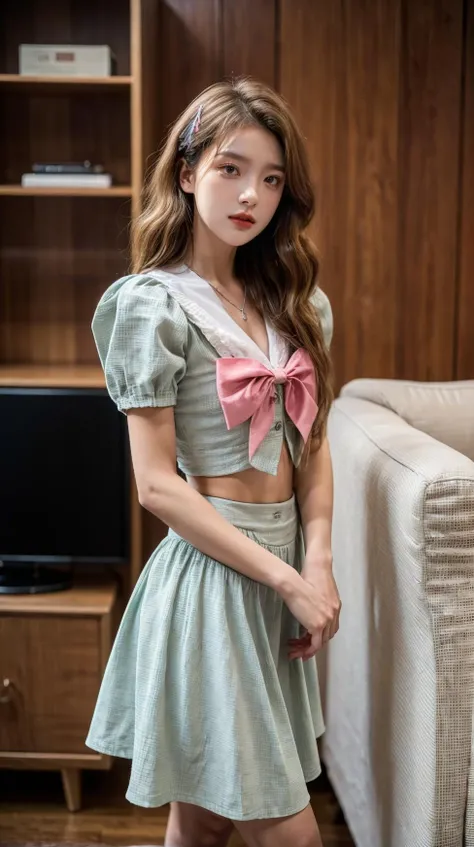 best quality,HDR,UHD,8K,Vivid Colors,solo,front view,photo_(medium),(1girl:1.3),(looking at viewer:1.4),
<lora:add_detail:0.8>,cowboy shot,standing,outside,sky,living room,<lora:Mis14:0.7>,MIS,bow,