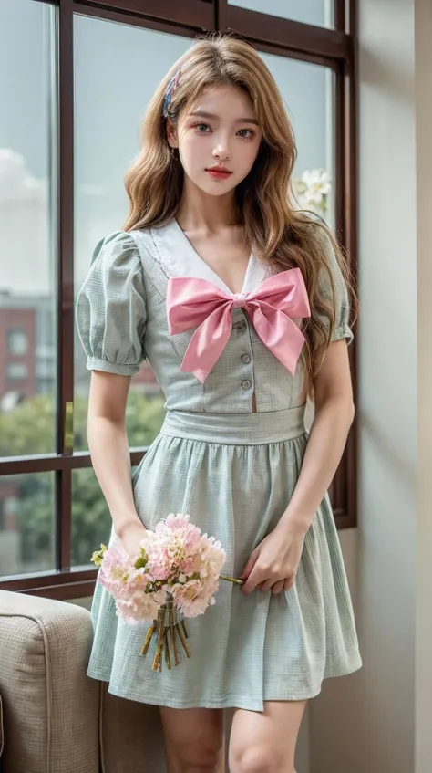 best quality,HDR,UHD,8K,Vivid Colors,solo,front view,photo_(medium),(1girl:1.3),(looking at viewer:1.4),
<lora:add_detail:0.8>,cowboy shot,standing,outside,sky,living room,(holding flower:1.4),<lora:Mis14:0.7>,MIS,bow