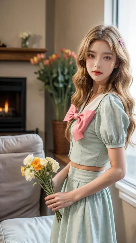 best quality,HDR,UHD,8K,Vivid Colors,solo,front view,photo_(medium),(1girl:1.3),(looking at viewer:1.4),
<lora:add_detail:0.8>,cowboy shot,standing,outside,sky,living room,(holding flower:1.4),<lora:Mis14:0.7>,MIS,bow