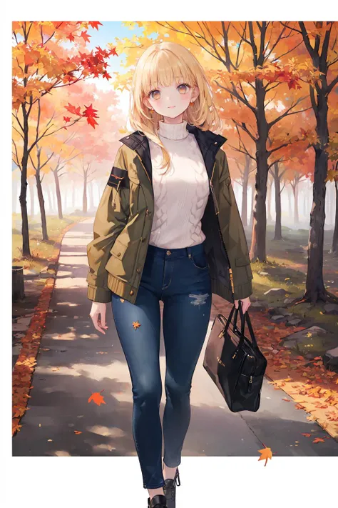 (best quality,masterpiece,best detail:1.5),(beautiful),(wide shot:1.3),background focus,1girl,walking, walking through the forest,smile,long blonde hair,blunt bangs,earrings,sweater,jeans,(Field Jacket:1.2),(falling autumn leaves),(autumn leaves),