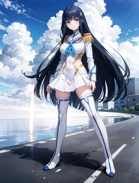 <lora:KiryuinSatsuki:0.7> masterpiece, high quality, best quality, 1girl, (muscular female:1.0), (super gigantic breasts:1.0), (closed mouth, angry face), kiryuin satsuki, junketsu, epaulettes, school uniform, skirt, white thigh boots, anime screencap, anime key visual, (fully clothed:1.0), full body