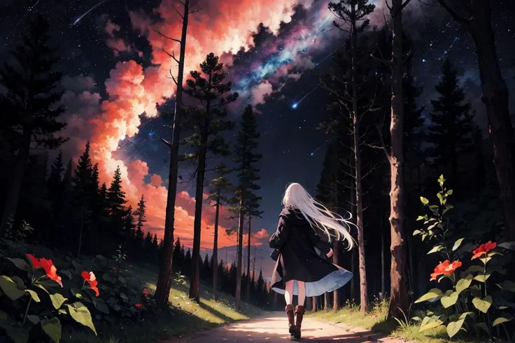 high quality wallpaper, official wallpaper, masterpiece, best quality, 8k,from above, (bright colors:0.8), ultra-detailed, illustration, impasto, painting, full body, 1girl, white long hair, red eyes, forest, mystery, mysterious forest, girl investigator, tall boots, Lycoris radiata , starry sky, stars, nebula, walking, walking through the forest, relaxed expression, night, nebula sky,