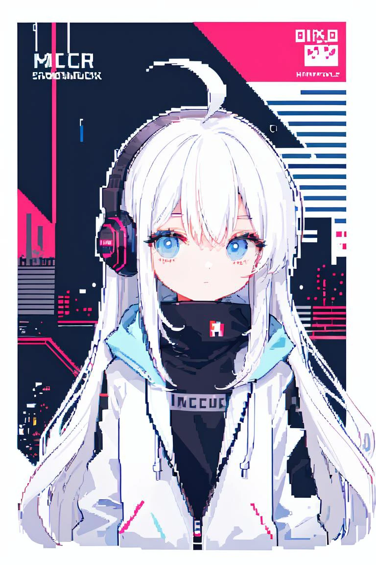 flat design, hyper cute girl, (multicolor, vector art, outline:1.3), masterpiece, best quality, minecraft, 1girl, white hair, absurdly long hair, ahoge, blue eyes, headphones, cyberpunk, cityscape, outdoors, glitch, digital rain, (pixel art:1.5), pixel, upper body, hoodie, science fiction, futuristic, sci-fi, expressionless eyes