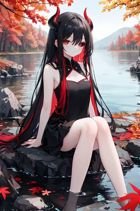 masterpiece, best quality, shiny, chromatic aberration abuse, pastel color, black hair with red streaks, absurdly long hair, red horns, red eyes, small breasts, mature female, 1girl, solo, expressionless eyes, sitting, arms behind back, outdoors, forest, autumn leaves, lake, rock, sitting on rock, (pale skin:1.1), adult, half-closed eyes