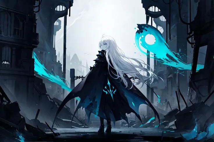 official art, unity 8k wallpaper, ultra detailed, high quality, best quality, (zentangle, mandala, tangle, entangle:0.6), blue black, flat color, limited palette, low contrast, 1girl, solo, absurdly long hair, white hair, ahoge, horror, gloomy, (blue pigment:1.3), hollow eyes, blue eyes, (expressionless eyes:1.3), half-closed eyes, glow, futuristic, evil, villain black torn cloak, looking at viewer, black gate, from the back, desolate scenery, full body, looking back, armored