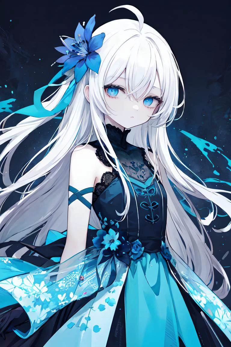 official art, unity 8k wallpaper, ultra detailed, high quality, best quality, (zentangle, mandala, tangle, entangle:0.6), blue black, flat color, limited palette, low contrast, 1girl, solo, long straight white hair, ahoge, lycoris flower, horror, gloomy, (blue pigment:1.3), hollow eyes, blue eyes, (expressionless eyes:1.3), cowboy shot, half-closed eyes, glow