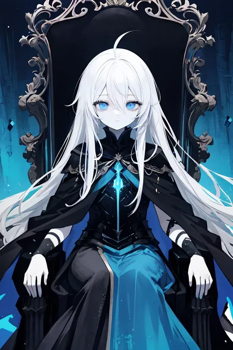 official art, unity 8k wallpaper, ultra detailed, high quality, best quality, (zentangle, mandala, tangle, entangle:0.6), blue black, flat color, limited palette, low contrast, 1girl, solo, absurdly long hair, white hair, ahoge, horror, gloomy, (blue pigment:1.3), hollow eyes, blue eyes, (expressionless eyes:1.3), half-closed eyes, glow, futuristic, evil, villain black torn cloak, possing on a throne, dynamic angle, looking at viewer, dynamic view, armored