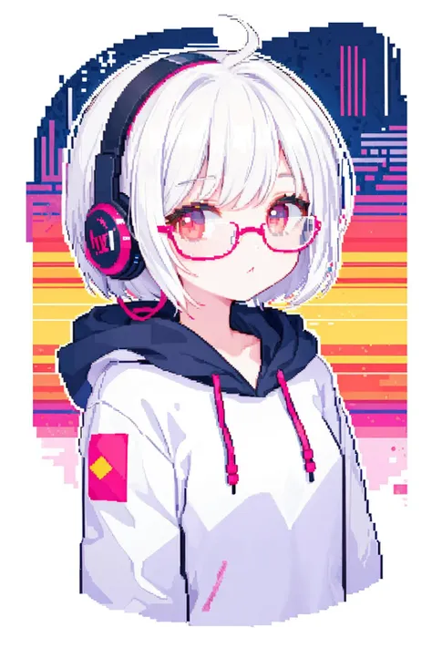 (flat design,hyper cute girl:1.0125),(multicolor,vector art,outline,:1.3401), masterpiece, best quality,
, minecraft,1girl,white hair,red eyes,glasses,headphones,cyberpunk,cityscape,outdoors,full moon, glitch, digital_rain,(pixel_art:1.5),pixel,upper_body,hoodie,science_fiction,futuristic,sci-fi