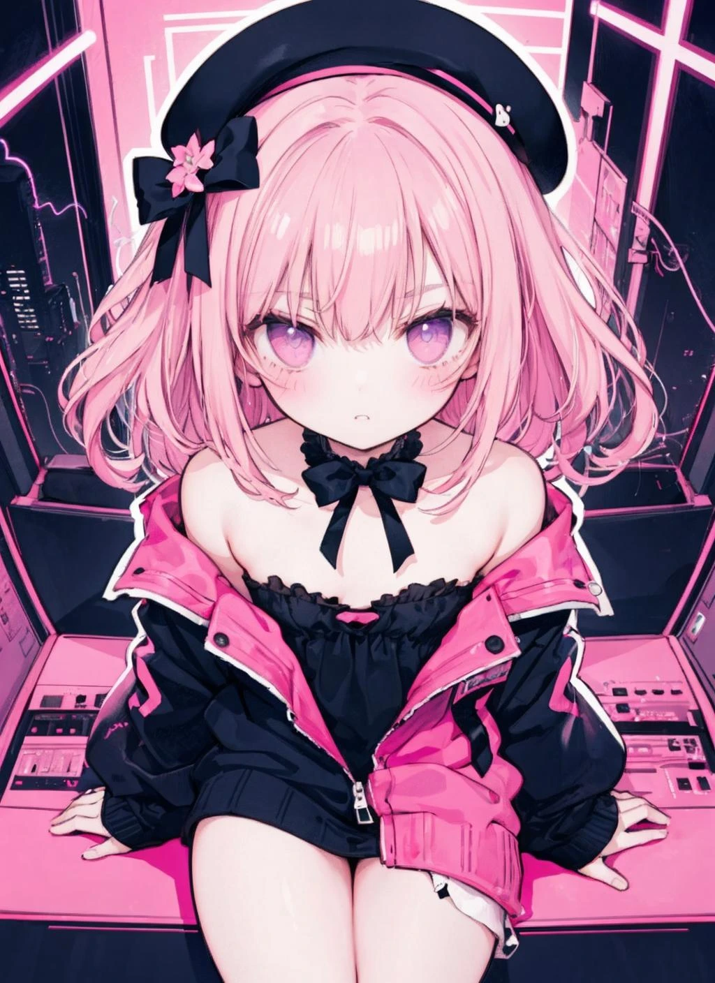 1 synth wave style girl, extremely detailed CG ,(masterpiece), (flat color:1.5), (best quality), (limited palette) , pink fluorescent paint, , noline art, silhouette, partially colored, (alternate color):1.4, dynamic angle, (pink, dark violet):1.3, dark violet shadow, (synth wave), (chromatic aberration) , (((thick) outline)), pink outline, (solo focus), pink neon lights, perfect shadow, cowboy shot, blank stare, beret, bowknot on beret, flat chest, wearing an off- shoulder floating jacket, short wavy delicate hair, blank stare, delicate face, bare shoulder, sitting on the top of the building, beautiful and delicate eyes, (1 girl):1.5, solo, from above, delicate background, streets with neon lights