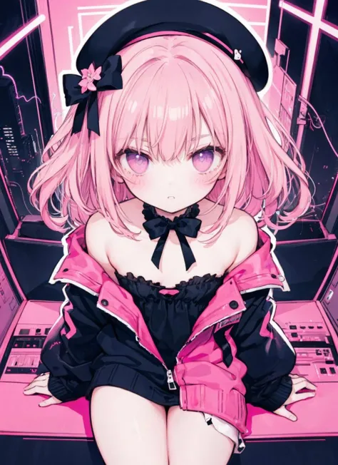 1 synth wave style girl, extremely detailed CG ,(masterpiece), (flat color:1.5), (best quality), (limited palette) , pink fluorescent paint, , noline art, silhouette, partially colored, (alternate color):1.4, dynamic angle, (pink, dark violet):1.3, dark violet shadow, (synth wave), (chromatic aberration) , (((thick) outline)), pink outline, (solo focus), pink neon lights, perfect shadow, cowboy shot, blank stare, beret, bowknot on beret, flat chest, wearing an off- shoulder floating jacket, short wavy delicate hair, blank stare, delicate face, bare shoulder, sitting on the top of the building,  beautiful and delicate eyes, (1 girl):1.5, solo, from above, delicate background, streets with neon lights