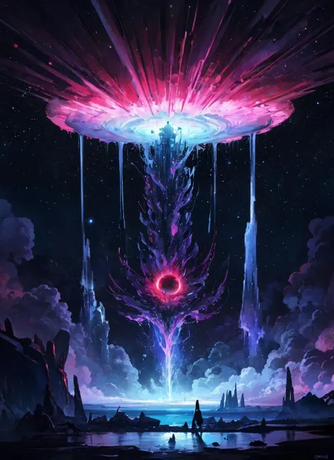 (masterpiece, best quality), 1lady, solo otherworldly planet, with swirling clouds of gas and shimmering stars in the distance. The colors are intense and dreamlike, with deep blues, oranges, and pinks creating a surreal atmosphere. In the foreground, strange and alien creatures roam the landscape, with tentacles and scales and glowing eyes. The scene captures the imagination and wonder of a sci-fi universe.