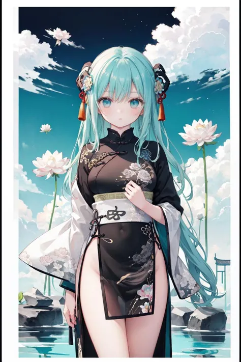 (stone gorgeous chinese borders:1.55),(best quality,extremely detailed CG unity 8k wallpaper,ultra-detailed),(best illumination,best shadow,an extremely delicate and beautiful),(ink:1.2),(graphite:0.75),(ink wash painting:1.05),(1 girl:1.15),solo,(the character is in the center of the frame:1.1),medium full shot,hanfu,taoist robes,celestial being uniform,very long hair,(a small (black:1.25) ornament),beautiful detailed eyes,black eyes,(tai chi:1.05),(yin yang:1.05),ba gua,(the bottom of the bottle background:0.85),(girl surrounded by floating ink water flow:1.1),(swirl:0.01),medium breasts,(cyan cloudy:1.15),(stratocumulus_stratiformis:1.1),(cirrus spissatus:1.1),(white lotus:1.1),(detailed lines:0.55),bagua, cowboy shot,