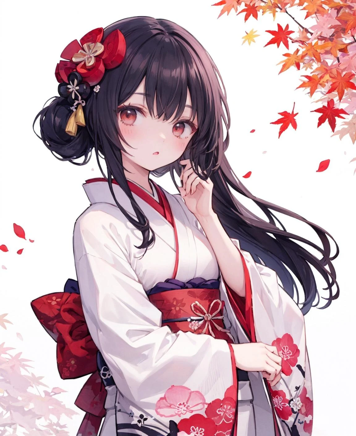 {{{Ukiyo-e_style}}},{{flat_style}},{simple_colors},{{{masterpiece}}},{katsushika_hokusai},long_hair,hair_flower,{{black_hair}},red_eyes,red_sky,{chinoiserie},{{{best_quality}}},kimono,{{ultra-detailed}},{illustration},Maple_leaves_flying,{{1girl}},{{{solo}}},{{an_extremely_delicate_and_beautiful}},blank_stare,close_to_viewer,{breeze},{Flying_splashes},{Flying_petals},wind,{Gorgeous and rich graphics}