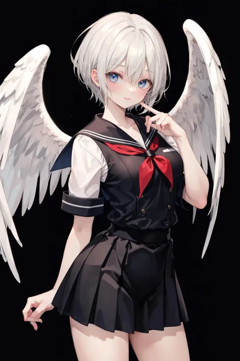 1girl ,anime style,black background ,  masterpiece ,superfine resolution, intricate , <lora:angel kof by Goofy Ai:1> blue eyes,short hair,white hair,hair over one eyes , angel kof , school girl , smile ,school uniform , revealing clothes , cowboy shot