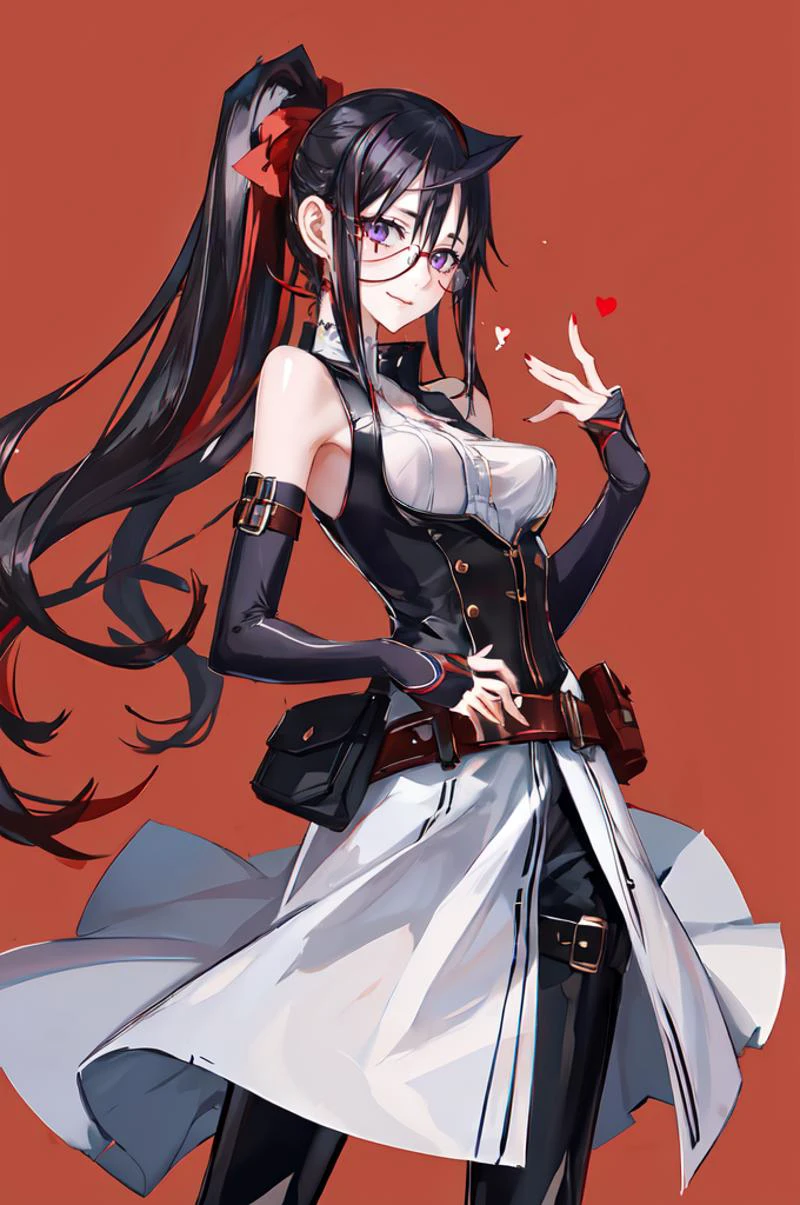 ultra detailed, masterpiece, best quality,
solo, (black and red theme:1.3),
cowboy shot,
facing viewer,
soft smile, light smile,
<lora:raita:1> honjou raita,
1girl, (black hair, red colored tips:1.35), very long hair, side ponytail, purple eyes, red-framed eyewear, tied hair, medium breasts, red streaked hair,
, coat on shoulders, dress shirt, sleeves rolled up, fingerless gloves, holster, belt, multiple belts, combat boots, bulletproof vest, pants,