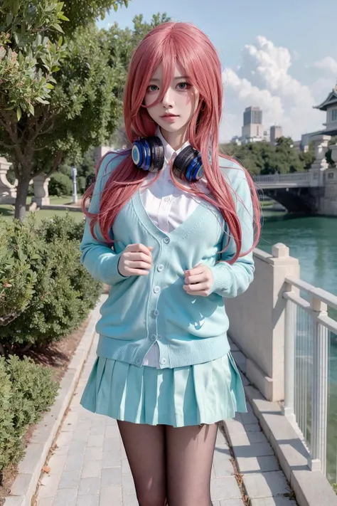 nakano miku, headphones, blurry, headphones around neck, depth of field, 1girl, blurry background, cardigan, pantyhose, green skirt, skirt, blue cardigan, blue eyes, blurry foreground, hair between eyes, bangs, smile, breasts, closed mouth, blush, long sleeves, looking at viewer, pleated skirt, long hair, white shirt, solo, shirt, brown hair, jacket, standing, eyebrows visible through hair, large breasts