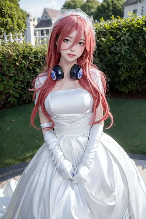 <lora:Miku:0.75>,ulzzang-6500-v1.1,(raw photo:1.2),((photorealistic:1.4))best quality ,masterpiece, illustration, an extremely delicate and beautiful, extremely detailed ,CG ,unity ,8k wallpaper, Amazing, finely detail, masterpiece,best quality,official art,extremely detailed CG unity 8k wallpaper,absurdres, incredibly absurdres, huge filesize, ultra-detailed, highres, extremely detailed,beautiful detailed girl, extremely detailed eyes and face, beautiful detailed eyes,light on face,cinematic lighting,1girl,see-through,full body,full-body shot,looking at viewer,outdoors, wedding_dress, white_dress, gloves, (headphones_around_neck),nakano_miku,(headphones_around_hair),standing