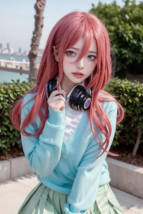 (((angry))),<lora:Miku:0.75>,ulzzang-6500-v1.1,(raw photo:1.2),((photorealistic:1.4))best quality ,masterpiece, illustration, an extremely delicate and beautiful, extremely detailed ,CG ,unity ,8k wallpaper, Amazing, finely detail, masterpiece,best quality,official art,extremely detailed CG unity 8k wallpaper,absurdres, incredibly absurdres, huge filesize, ultra-detailed, highres, extremely detailed,beautiful detailed girl, extremely detailed eyes and face, beautiful detailed eyes,light on face,cinematic lighting,1girl,see-through,looking at viewer,outdoors, black_legwear, cardigan, pleated_skirt,green_skirt, (headphones_around_neck),nakano_miku,standing, hair_between_eyes,