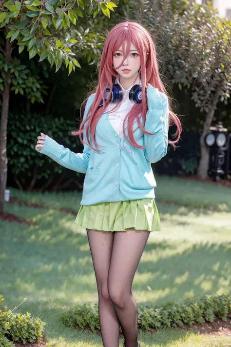 <lora:Miku:0.9>,ulzzang-6500-v1.1,(raw photo:1.2),((photorealistic:1.4))best quality ,masterpiece, illustration, an extremely delicate and beautiful, extremely detailed ,CG ,unity ,8k wallpaper, Amazing, finely detail, masterpiece,best quality,official art,extremely detailed CG unity 8k wallpaper,absurdres, incredibly absurdres, huge filesize, ultra-detailed, highres, extremely detailed,beautiful detailed girl, extremely detailed eyes and face, beautiful detailed eyes,light on face,cinematic lighting,full body,full-body shot,1girl,see-through,looking at viewer,outdoors, black_legwear, cardigan, pleated_skirt