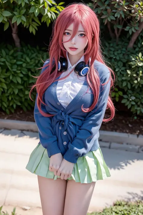 <lora:Miku:0.75>,ulzzang-6500-v1.1,(raw photo:1.2),((photorealistic:1.4))best quality ,masterpiece, illustration, an extremely delicate and beautiful, extremely detailed ,CG ,unity ,8k wallpaper, Amazing, finely detail, masterpiece,best quality,official art,extremely detailed CG unity 8k wallpaper,absurdres, incredibly absurdres, huge filesize, ultra-detailed, highres, extremely detailed,beautiful detailed girl, extremely detailed eyes and face, beautiful detailed eyes,light on face,cinematic lighting,1girl,see-through,looking at viewer,outdoors, (black_legwear), cardigan, pleated_skirt, (headphones_around_neck),nakano_miku,(tied hair:1.5),standing, hair_between_eyes