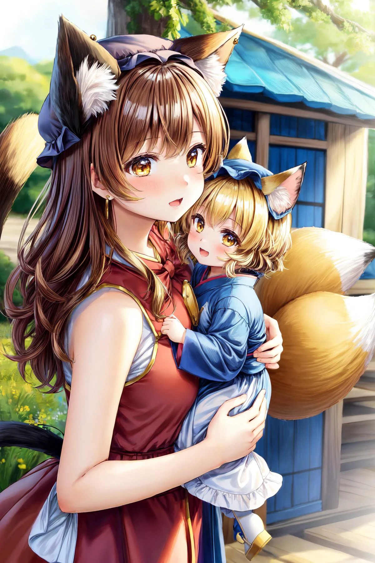 ((masterpiece)), ((best quality)), ((extremely detailed)), prefect lighting, illustration, high-res, nature, outdoor, countryside, tahara trail, forest, shrine wonderland
AND
(2girls hand in hand), Chen, brown hair, short hair, mob cap, animal ears, earrings, 2+black cat tail, red dress, bow
AND
(2girls hand in hand), Chanta, fox_girl, matured, fox ears, white cap, (fox_tail, 9+tails):2, yellow short hair, smile, enchanting expressionless, long kimono, blue tabard, dress, very long sleeves, white boots, calligraphy, amulet, talisman, written charm, size difference:0.65.
<lora:add_detail:0.7> <lora:Chanta_LoRA-02:0.4> <lora:chen:0.4>