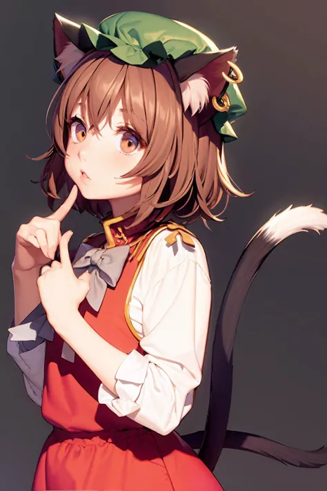 masterpiece, best quality, <lora:chen:1>,chen,1girl, animal ears, tail, solo, multiple tails, jewelry, earrings, cat ears, brown hair, hat, cat tail, short hair,grey background, simple background,