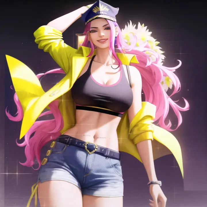 , <lora:big_mom:1>,mature woman,standing, wearing black tanktop undershirt and yellow croptop, blue jacket_around_waist, pink tights, solo, solo focus, (photorealistic:0.7), detailed, looking at viewer, multicolored hair, long hair, 1girl, masterpiece, high quality, plain background, (smiling:0.7), happy, joy, (thicc:0.5),beautiful,