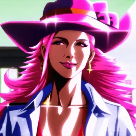 , <lora:big_mom:1>,Mature woman, pink hair, pink hat, bow, colored earrings, bikini, beautiful