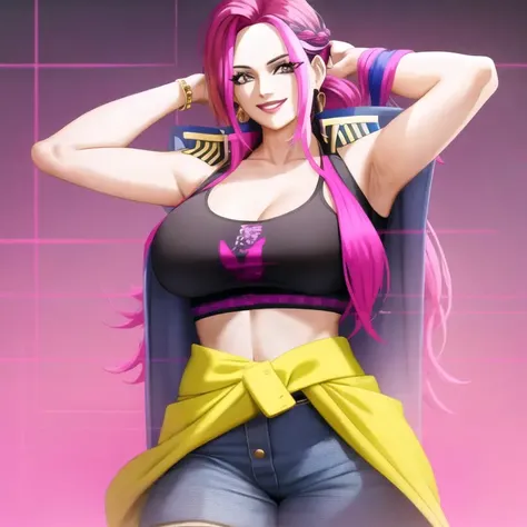 , <lora:big_mom:1>,mature woman,standing, wearing black tanktop undershirt and yellow croptop, blue jacket_around_waist, pink tights, solo, solo focus, (photorealistic:0.7), detailed, looking at viewer, multicolored hair, long hair, 1girl, masterpiece, high quality, plain background, (smiling:0.7), happy, joy, (thicc:0.5),beautiful,