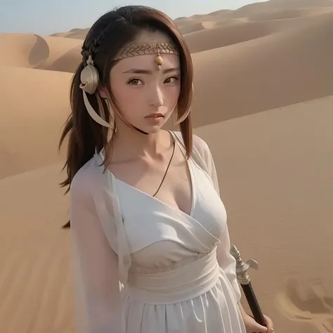 nsl, face,nose,lips,hairstyle,eyes,ears,forehead,breast,1girl, a woman in a white dress holding a sword in the desert with sand dunes behind her and a sky background <lora:nsl:1>