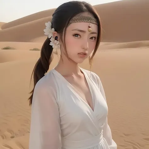 nsl, face,nose,lips,hairstyle,eyes,ears,forehead,breast,1girl, a woman in a white dress holding a sword in the desert with sand dunes behind her and a sky background <lora:nsl:1>
