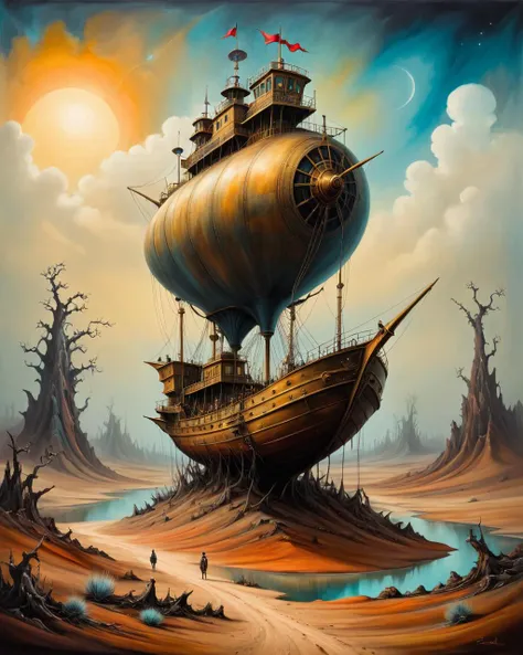 Collage style <lora:FF-Style-ESAO-Andrews-LoRA:1> in the style of esao andrews,esao andrews style,esao andrews art,esao andrewsa painting of a ship in the desert, alien forest in background, bizzare landscape, lovecraftian landscape, glitched fantasy painting, alien landscape, steampunk forest background, fantasy desert crystal island, high fantasy landscape, an alien landscape, surreal alien kingdom, surreal scene, desolated wasteland, wartorn landscape, in a surreal dream landscape, turbulent alien vivid landscape . Mixed media, layered, textural, detailed, artistic