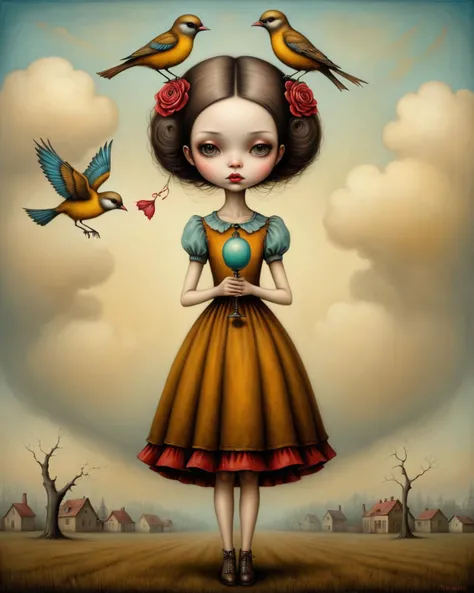 GTA-style artwork <lora:FF-Style-ESAO-Andrews-LoRA:1> in the style of esao andrews,esao andrews style,esao andrews art,esao andrewsa girl with a bird in her hand, anton semenov, benjamin lacombe, mark ryden style, pop surrealism, lowbrow pop surrealism, style of mark ryden, dark surreal art, inspired by Mark Ryden, emotional surrealist art, mark ryden highly detailed, creepy surrealism, slicing the air pop surrealism, 1girl in the style of esao andrews, esao andrews . Satirical, exaggerated, pop art style, vibrant colors, iconic characters, action-packed