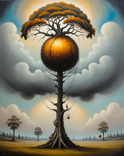 Alien-themed <lora:FF-Style-ESAO-Andrews-LoRA:1> in the style of esao andrews,esao andrews style,esao andrews art,esao andrewsa painting of a tree with a large ball on it, inspired by Vladimir Kush, style of esao andrews, surrealism oil on canvas, science fantasy painting, surrealist landscape painting, surreal oil on canvas, inspired by Brian Despain, esao andrews ornate, fantasy surrealism, surreal oil painting, andrews esao artstyle, surrealist oil painting, surrealism painting . Extraterrestrial, cosmic, otherworldly, mysterious, sci-fi, highly detailed