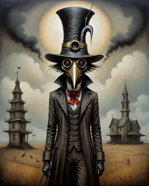 Horror-themed <lora:FF-Style-ESAO-Andrews-LoRA:1> in the style of esao andrews,esao andrews style,esao andrews art,esao andrewsa painting of a man wearing a top hat and a hat, plague doctor, the plague doctor, cowboy plague doctors, adrian borda, plague mask, anton semenov, plague doctor mask, style of esao andrews, greg simkins, lowbrow pop surrealism, by Brian Despain, by ESAO, by Esao Andrews, rob mcnaughton in the style of esao andrews, esao andrews . Eerie, unsettling, dark, spooky, suspenseful, grim, highly detailed