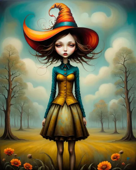 Psychedelic style <lora:FF-Style-ESAO-Andrews-LoRA:1> in the style of esao andrews,esao andrews style,esao andrews art,esao andrewsa girl in a hat is standing in a field of trees, style of esao andrews, inspired by Esao Andrews, esao andrews, esao andrews ornate, inspired by ESAO, benjamin lacombe, andrews esao artstyle, inspired by Brian Despain, lori earley, by Esao Andrews, anton semenov, julie dillon in the style of esao andrews, esao andrews . Vibrant colors, swirling patterns, abstract forms, surreal, trippy