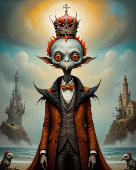 cinematic film still <lora:FF-Style-ESAO-Andrews-LoRA:1> in the style of esao andrews,esao andrews style,esao andrews art,esao andrewsa painting of a creature with a crown, michael hutter, shaun tan and peter mohrbacher, by Todd Lockwood, daniel merriam 1, jeansebastien rossbach, beeple and jeremiah ketner, greg beeple, symmetrical epic fantasy art, inspired by Patrick Woodroffe, greg simkins, adrian borda in the style of esao andrews, esao andrews . shallow depth of field, vignette, highly detailed, high budget, bokeh, cinemascope, moody, epic, gorgeous, film grain, grainy