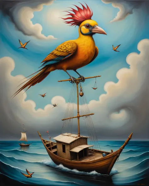 play-doh style <lora:FF-Style-ESAO-Andrews-LoRA:1> in the style of esao andrews,esao andrews style,esao andrews art,esao andrewsa painting of a bird on a boat in the ocean, inspired by Julian Schnabel, zeng fanzhi, by Esao Andrews, surrealist oil painting, surrealist painting, style of esao andrews, a surrealist painting, a surrealistic bird, surreal oil painting, julie dillon, by Arthur Boyd, esao andrews ornate . sculpture, clay art, centered composition, Claymation