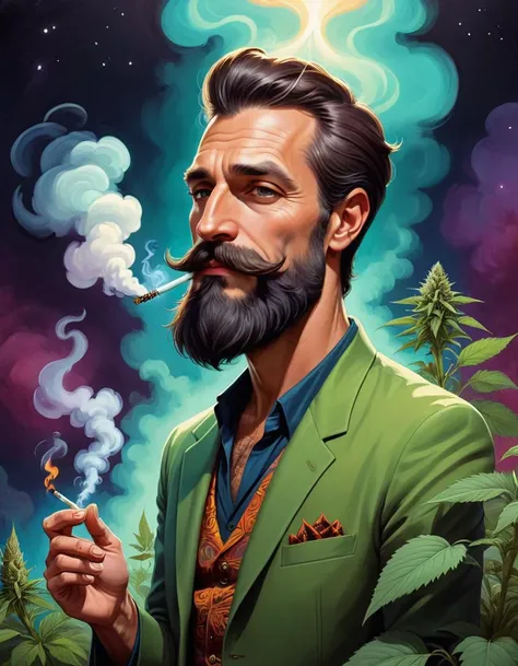 comic <lora:FF-Style-James_Gilleard:0.92> James Gilleard, james gilleard artwork, in the style of james gilleard, painting of a man with a beard and a mustache smoking a cigarette, personification of marijuana, jahbu art, marijuana organic painting, cultivator, psychedelic organic shaman, marihuana, psychedelic shaman, plant spirit, in salvia divinorum, visionary art style, lowbrow art style, psychedelic art style, psychedelic art, vibrant cartoon art, style of esao andrews . graphic illustration, comic art, graphic novel art, vibrant, highly detailed
, art by Jay Anacleto, digital art, (Aunt:1.3) , [Conscious|Rusty], wearing Elemental, Wrinkles, Bokeh, Cozy, best quality, 800mm lens, <lora:FF-Style-ESAO-Andrews-LoRA:0.22> . graphic illustration, comic art, graphic novel art, vibrant, highly detailed