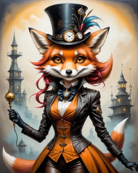 Graffiti style <lora:FF-Style-ESAO-Andrews-LoRA:1> in the style of esao andrews,esao andrews style,esao andrews art,esao andrewsa woman in a top hat and a fox, foxgirl, female mad hatter, a beautiful fox lady, dark fox mage, steampunk beautiful anime woman, mechanized witch girl, high quality steampunk art, wearing steampunk top hat, steampunk girl, an anthropomorphic cyberpunk fox, steampunk fantasy style, female fox, anthropomorphic fox, 1girl, hat in the style of esao andrews, esao andrews . Street art, vibrant, urban, detailed, tag, mural