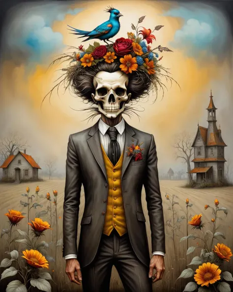 HDR photo of <lora:FF-Style-ESAO-Andrews-LoRA:1> in the style of esao andrews,esao andrews style,esao andrews art,esao andrewsa painting of a man with a bird on his head, inspired by Dan Hillier, esao andrews ornate, corpse bridegroom of the spring, shrubs and flowers esao andrews, style of esao andrews, jeansebastien rossbach, inspired by ESAO, inspired by Esao Andrews, by Esao Andrews, raqib shaw, the scarecrow . High dynamic range, vivid, rich details, clear shadows and highlights, realistic, intense, enhanced contrast, highly detailed