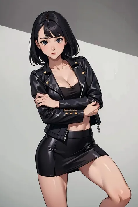 (best quality:1.2),(masterpiece,detailed,highres:1.4), 1girl, tight miniskirt, high heels,contrapposto, cleavage, photo shoot, pose, leather jacket