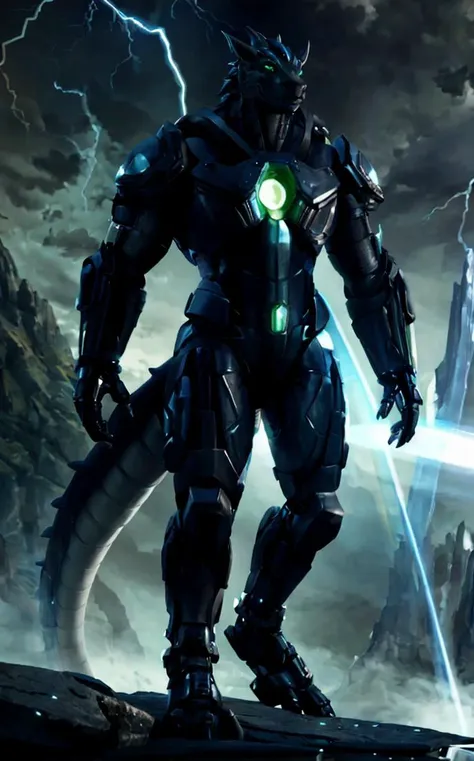 An advanced bionic mech, cybrog, anthro, dragon, male, dark blue body, silver highlights, full body, Muscle, Delicate face, Delicate eyes, (1 tail), (glowing LED:1.1), Green Glowing Eyes, energy, digitigrade, outdoors, extremely detailed CG unity 8k wallpaper, realistic, masterpiece, highest quality, lens flare, unreal engine, trending on ArtStation, Intricate, High Detail, dramatic, realism, beautiful and detailed lighting, shadows, thunder