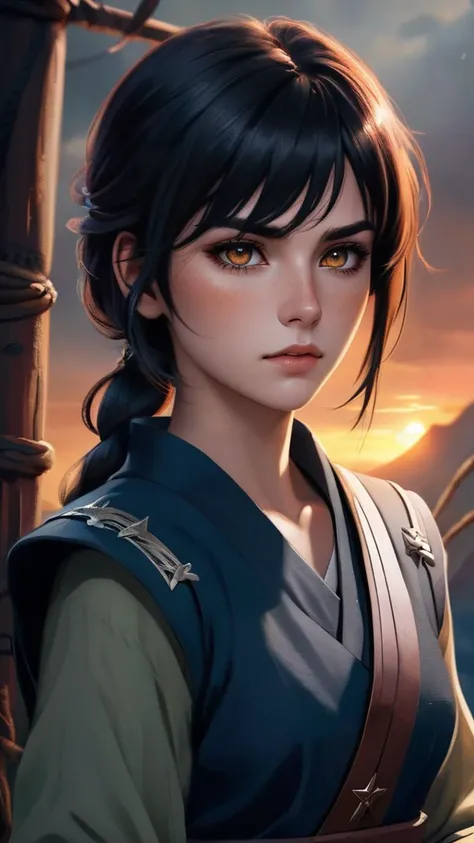 soothing tones, muted colors, high contrast, (hyperrealism, soft light, sharp), 1 girl, adult german woman, freckles, black eyes, black hair, ombre, Style-GravityMagic, focus on character, portrait, (battlescars:0.7), looking at viewer, solo, half shot, detailed background, ninja theme:1.1), cursed sailor, dark expression, camp, peaceful, sunrise, dark fantasy atmosphere
