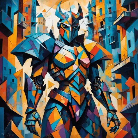 Cubist style, fragmented shapes, geometric patterns, vibrant colors, abstract, high contrast, dynamic composition, detailed armor, cyberpunk elements, cityscape, artistic, multifaceted, textured, layered, Picasso-inspired