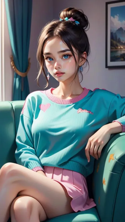 4n1v3rs3, a woman with messy top knot hair sits on a couch, her eyes closed as she watches the world go by. She wears a blue peplum top and is wearing a pink sweater that fits in the frame. In front of her, a group of animals gather around, surreal, shiny, detailed, perfect background, artistic, delicate, cinematic